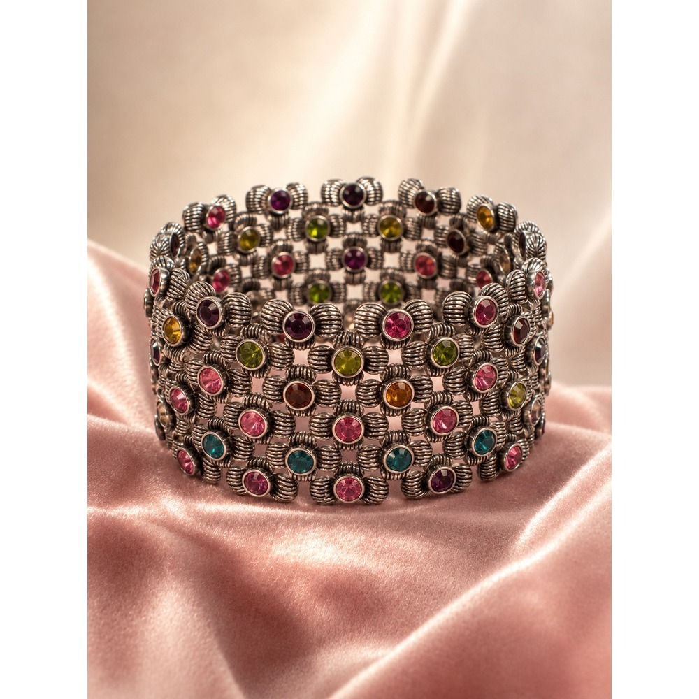 Vintage Style Multicolor Rhinestone Silver Tone Wide Stretch Floral Bracelet